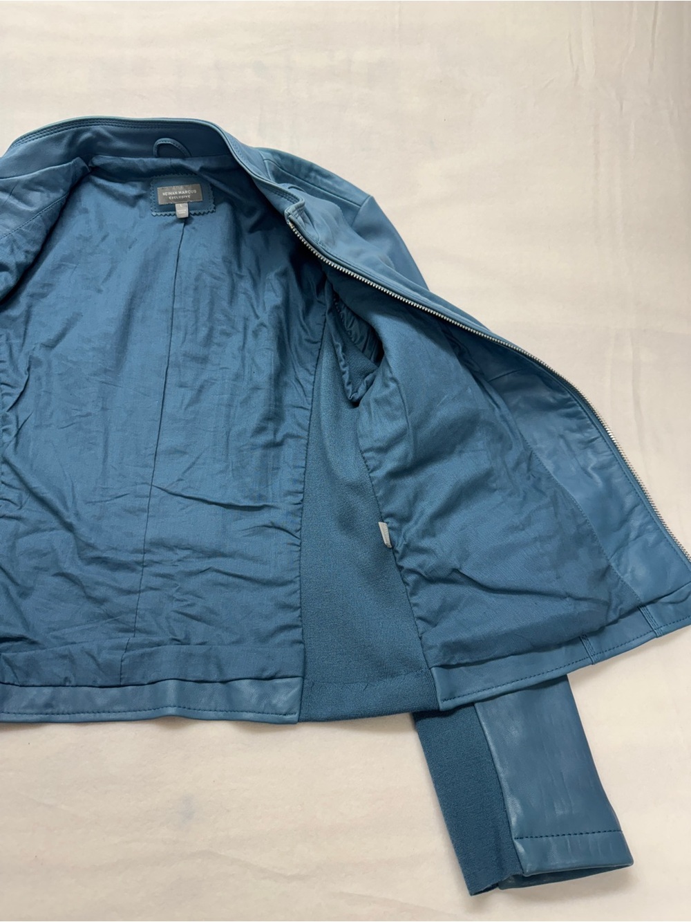 Neiman Marcus Exclusive Women's Blue Leather Zip-Front Jacket - Picture 9 of 14